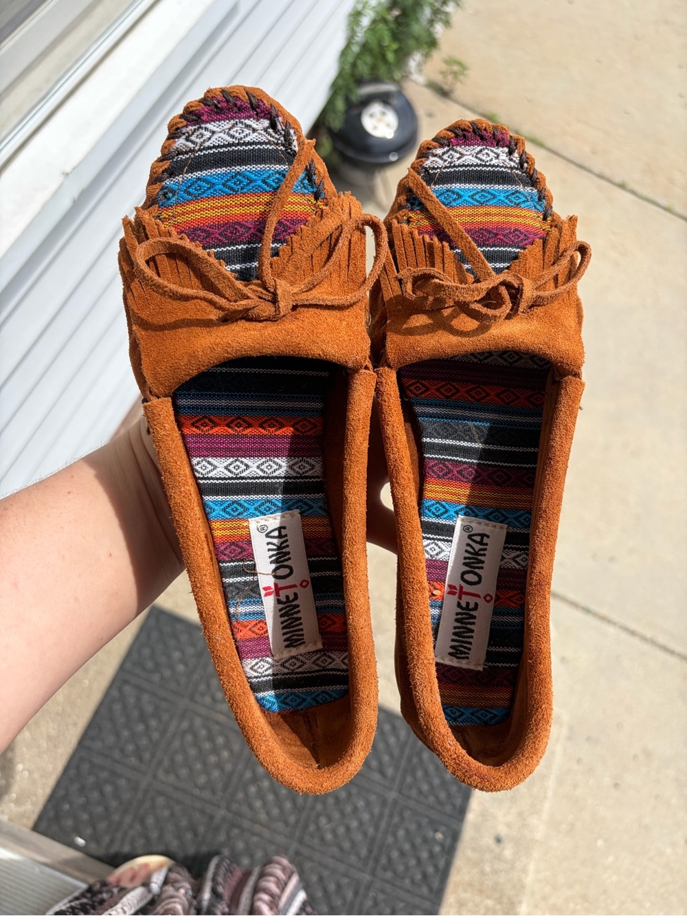 Minnetonka Women's Moccasins in Cognac Brown Suede with Colorful Woven Insole